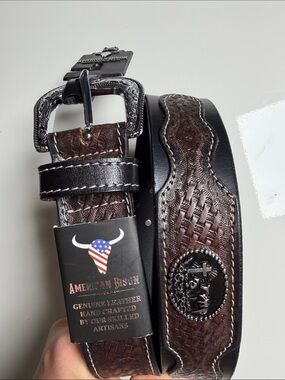 American Bison Men’s Brown Embossed Leather Belt with Decorative Buckle